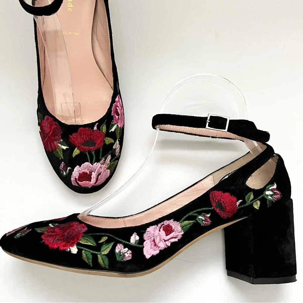 Kate Spade Black Velvet Floral Embroidered Block Heel Ankle-Strap Pumps 9 - Picture 1 of 8